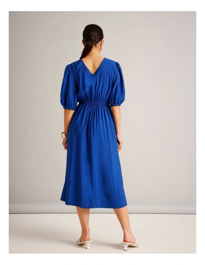 Sustainable Viscose Drawcord Detail Short Sleeve Dress in Cobalt image 5
