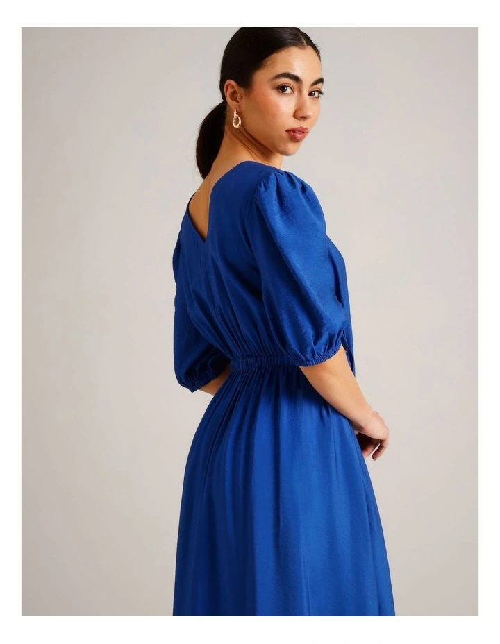 Sustainable Viscose Drawcord Detail Short Sleeve Dress in Cobalt image 6