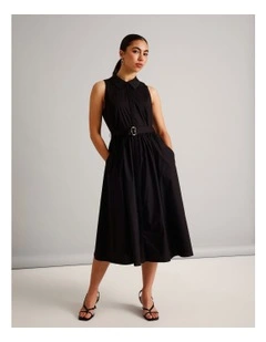 Organic Cotton Blend Sleeveless Shirt Dress in Black