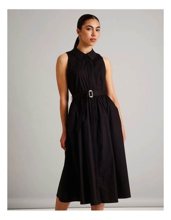 Organic Cotton Blend Sleeveless Shirt Dress in Black image 2