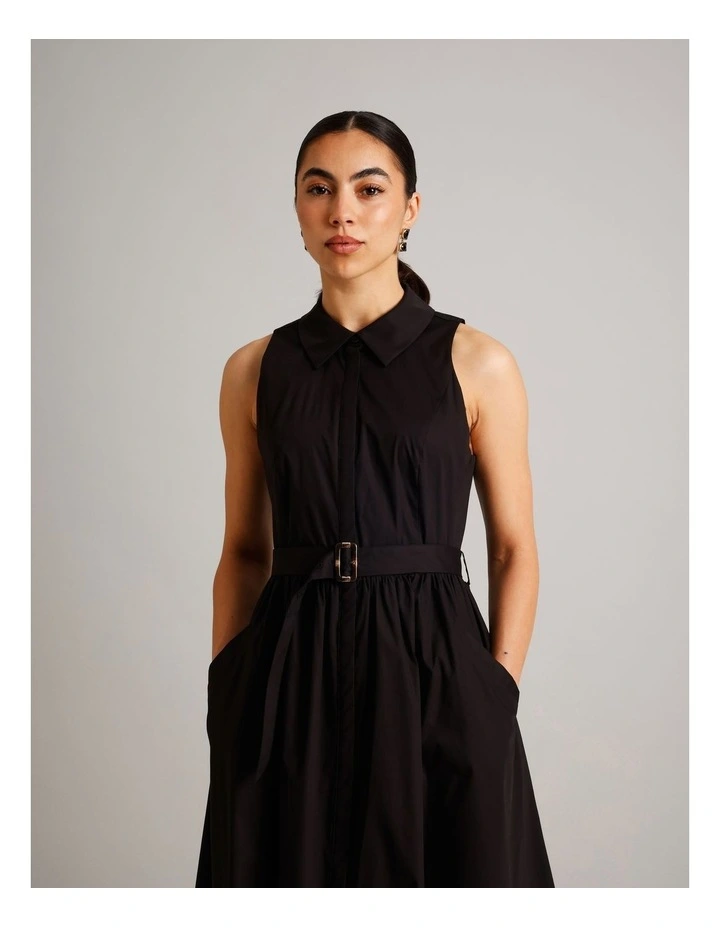 Organic Cotton Blend Sleeveless Shirt Dress in Black image 3