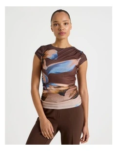 Draped Jersey Cap Sleeve Top in Blue