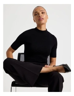 High Neck Short Sleeve Knit Top in Black