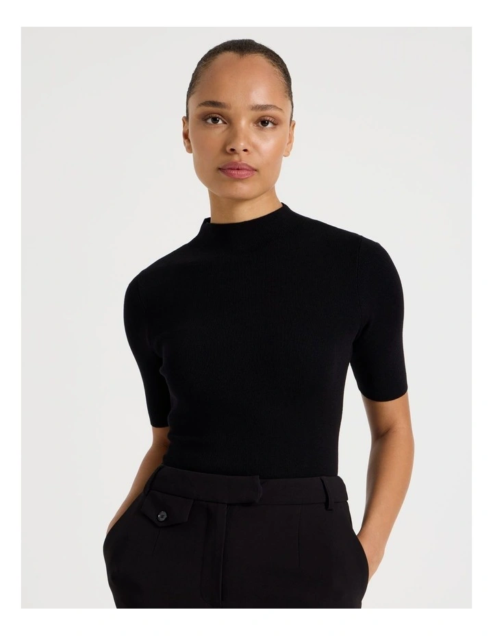 High Neck Short Sleeve Knit Top in Black image 2