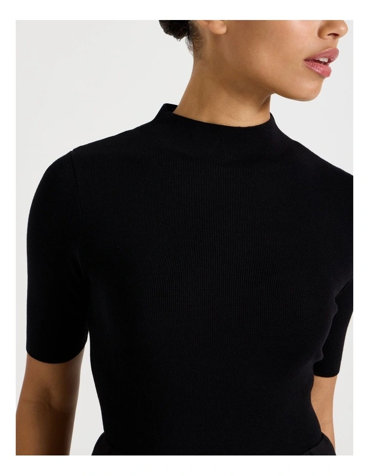 High Neck Short Sleeve Knit Top in Black image 4