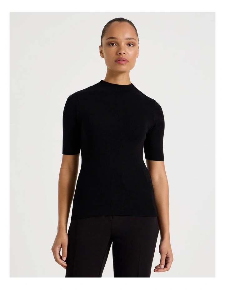 High Neck Short Sleeve Knit Top in Black image 5