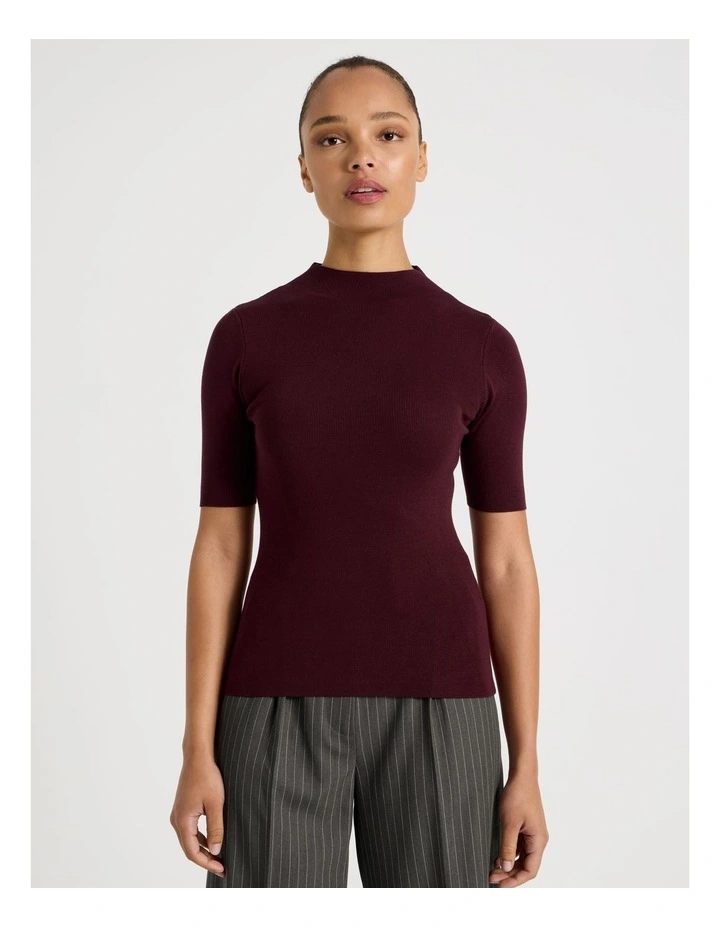 High Neck Short Sleeve Knit Top in Wine image 4