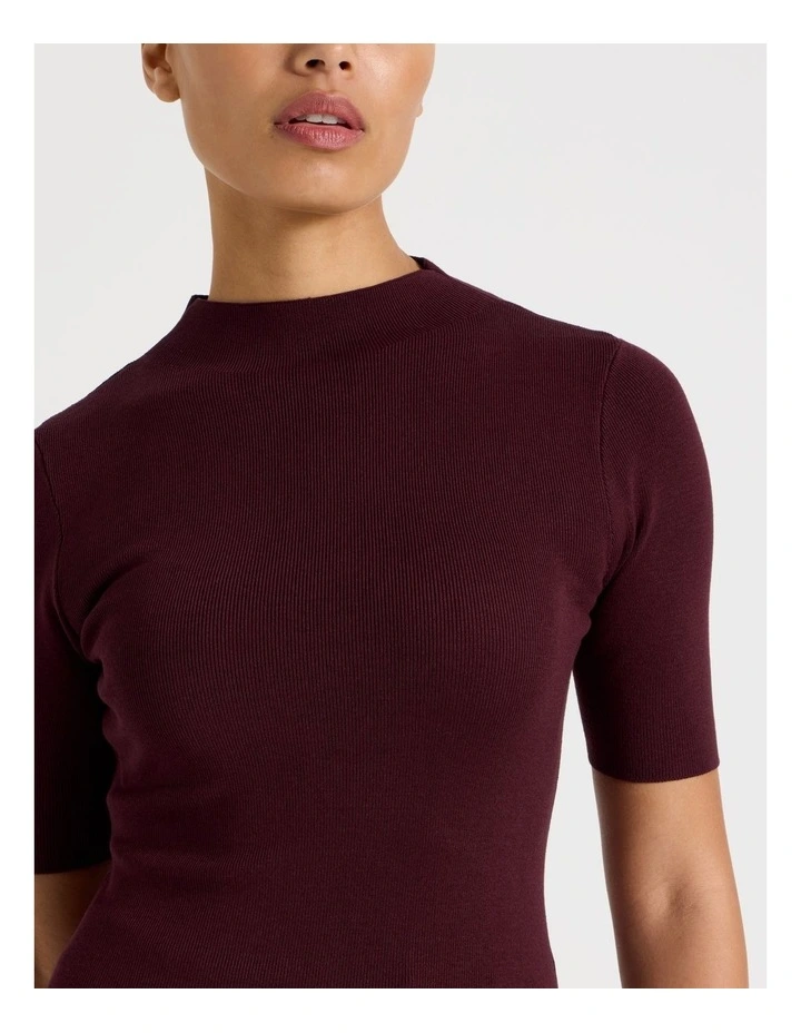 High Neck Short Sleeve Knit Top in Wine image 6