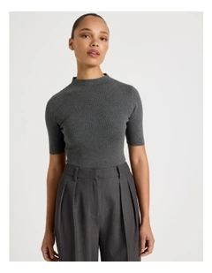 High Neck Short Sleeve Knit Top in Charcoal