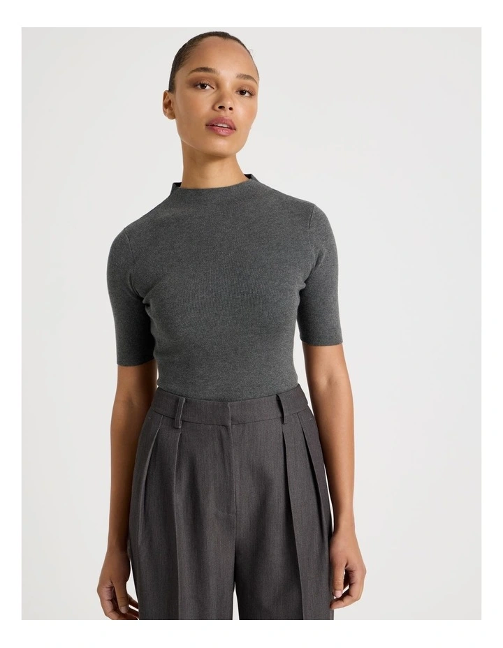 High Neck Short Sleeve Knit Top in Charcoal image 1