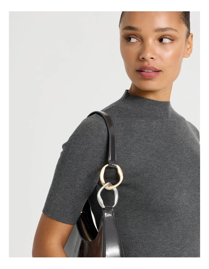 High Neck Short Sleeve Knit Top in Charcoal image 2