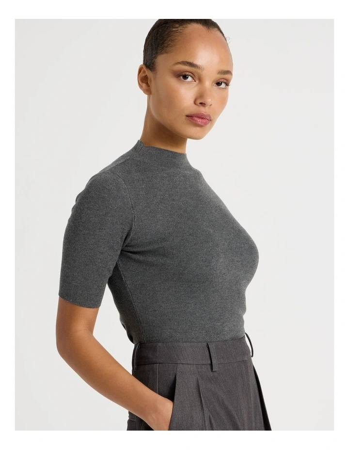 High Neck Short Sleeve Knit Top in Charcoal image 4