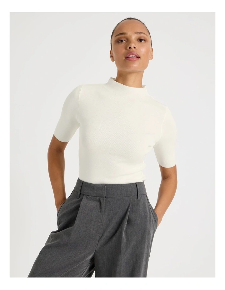 High Neck Short Sleeve Knit Top in Ivory image 1