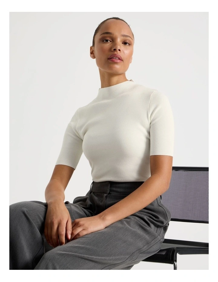 High Neck Short Sleeve Knit Top in Ivory image 2