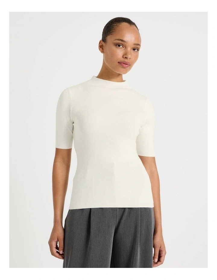 High Neck Short Sleeve Knit Top in Ivory image 5