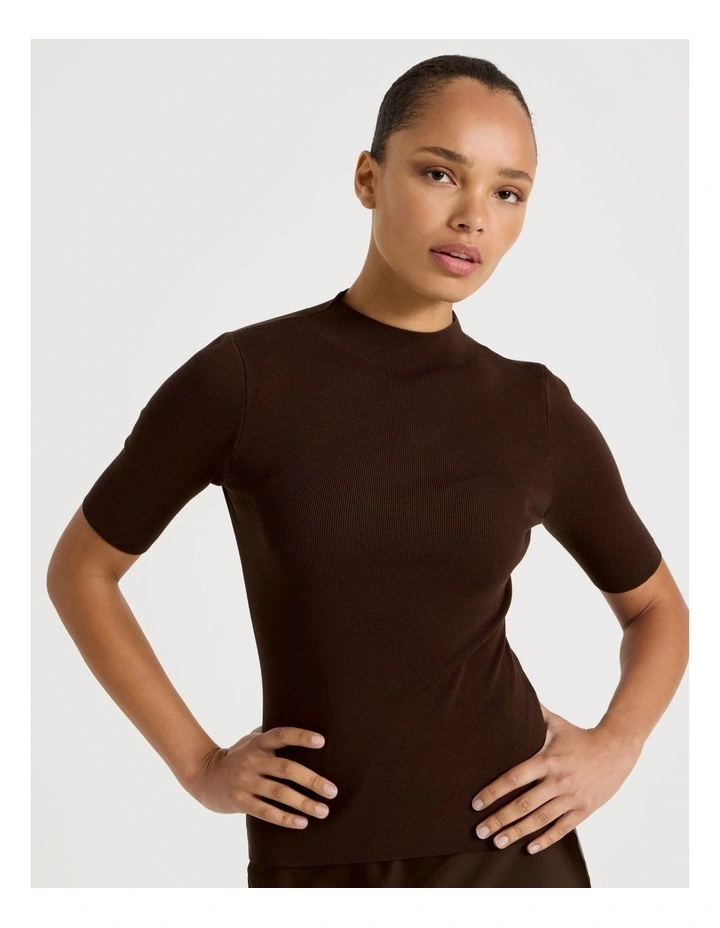 High Neck Short Sleeve Knit Top in Dark Brown image 1