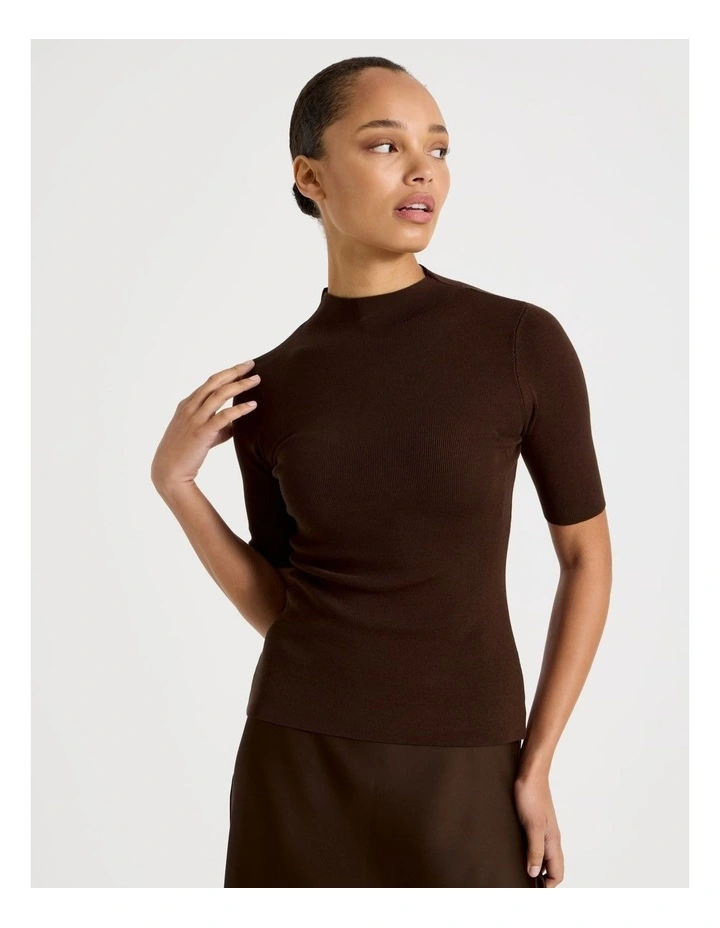 High Neck Short Sleeve Knit Top in Dark Brown image 3