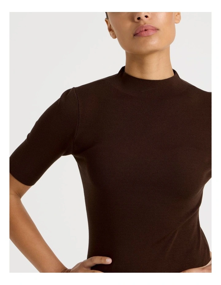 High Neck Short Sleeve Knit Top in Dark Brown image 6