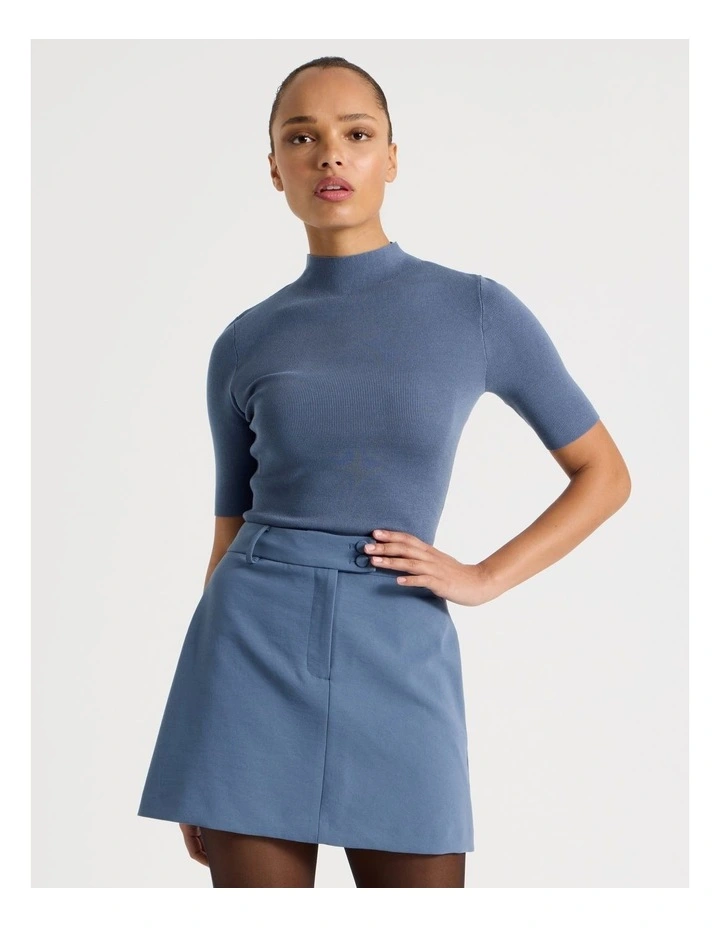 High Neck Short Sleeve Knit Top in Dusty Blue image 2