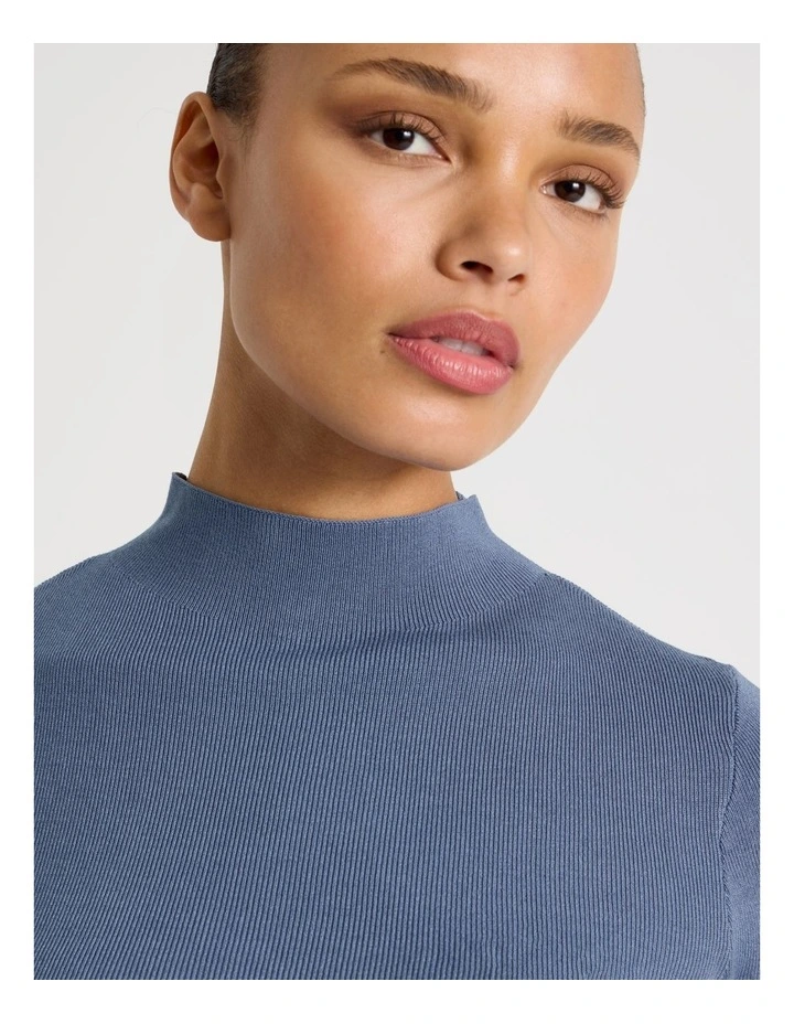 High Neck Short Sleeve Knit Top in Dusty Blue image 3