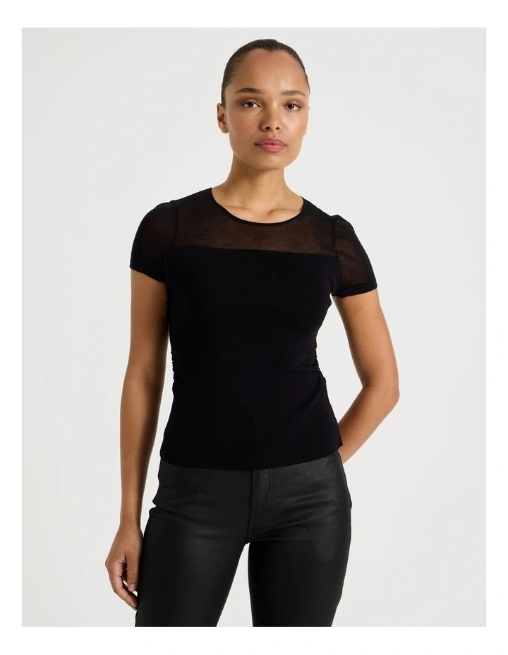 Sheer Detail Short Sleeve Knit Top in Black image 1