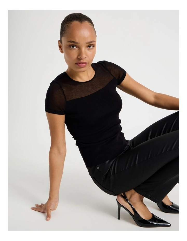 Sheer Detail Short Sleeve Knit Top in Black image 2