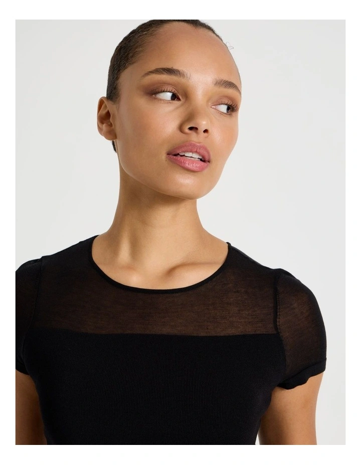 Sheer Detail Short Sleeve Knit Top in Black image 3
