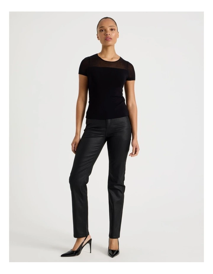 Sheer Detail Short Sleeve Knit Top in Black image 4