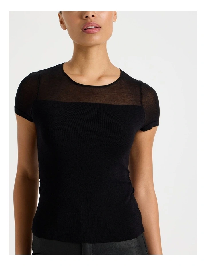Sheer Detail Short Sleeve Knit Top in Black image 5