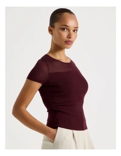 Sheer Detail Short Sleeve Knit Top in Wine