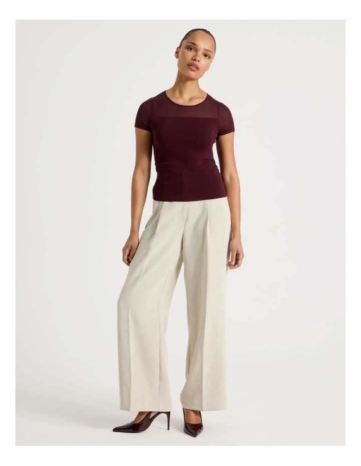 Sheer Detail Short Sleeve Knit Top in Wine image 2