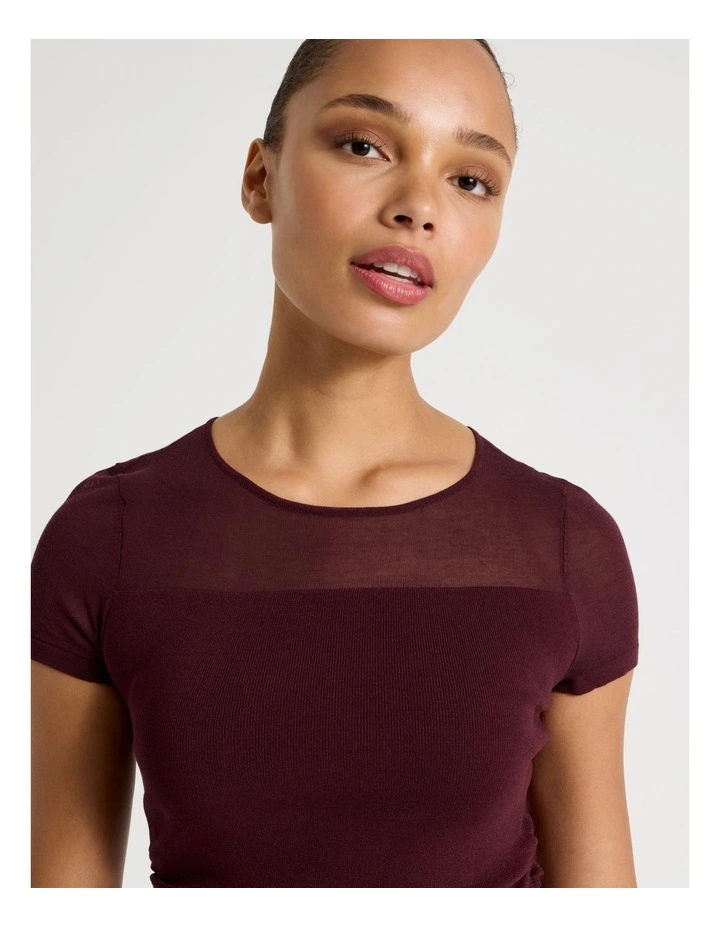 Sheer Detail Short Sleeve Knit Top in Wine image 3