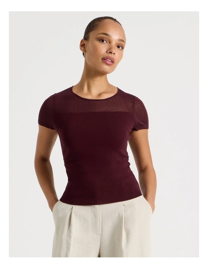 Sheer Detail Short Sleeve Knit Top in Wine image 4