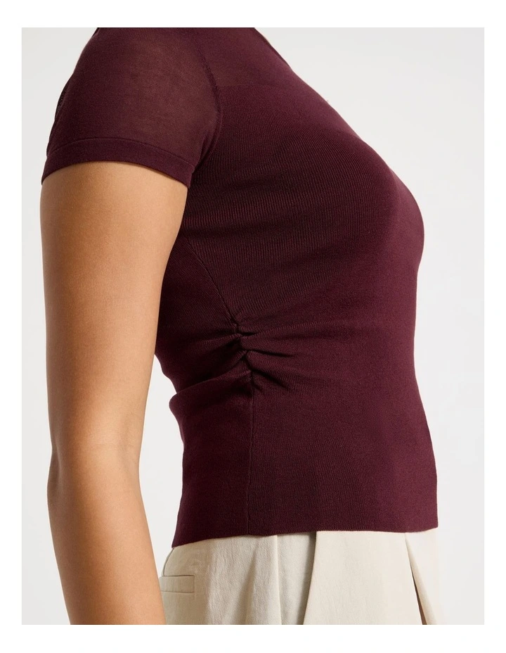 Sheer Detail Short Sleeve Knit Top in Wine image 5