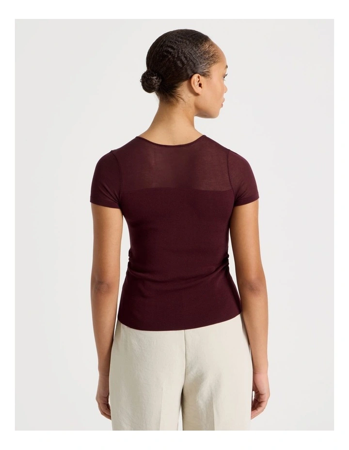 Sheer Detail Short Sleeve Knit Top in Wine image 6