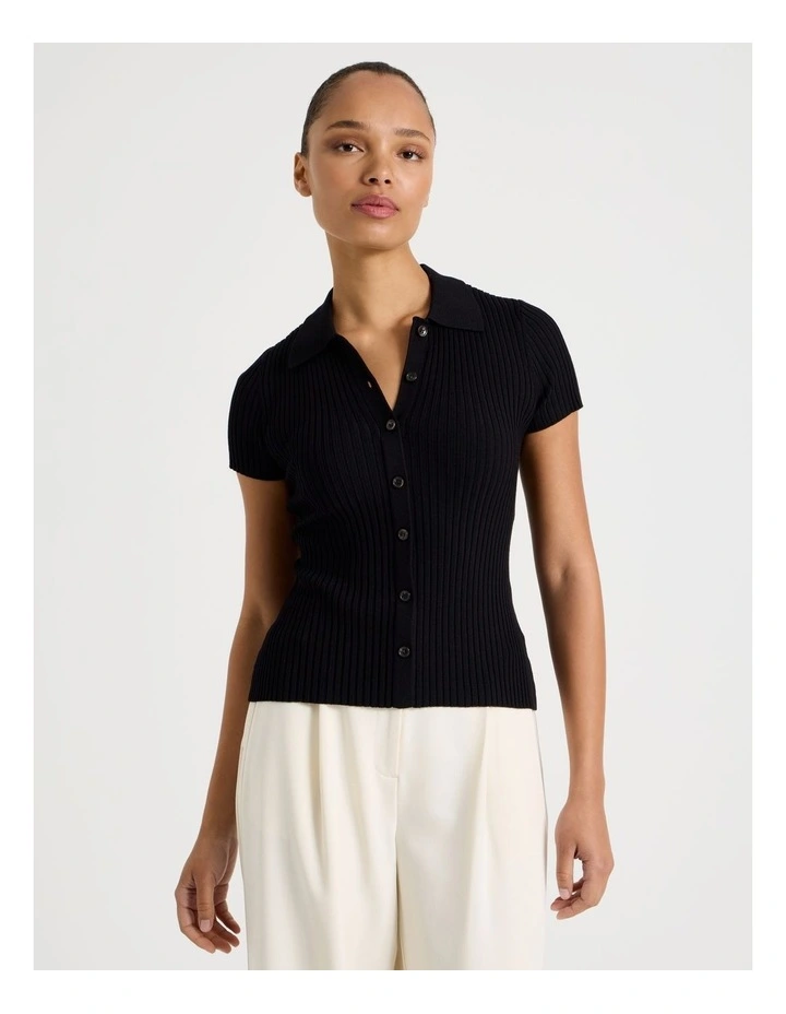 Short Sleeve Knit Polo in Black image 2