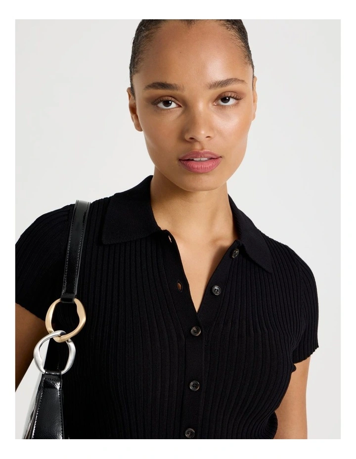 Short Sleeve Knit Polo in Black image 3