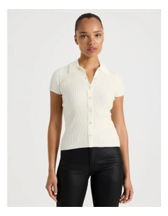 Short Sleeve Knit Polo in Ivory