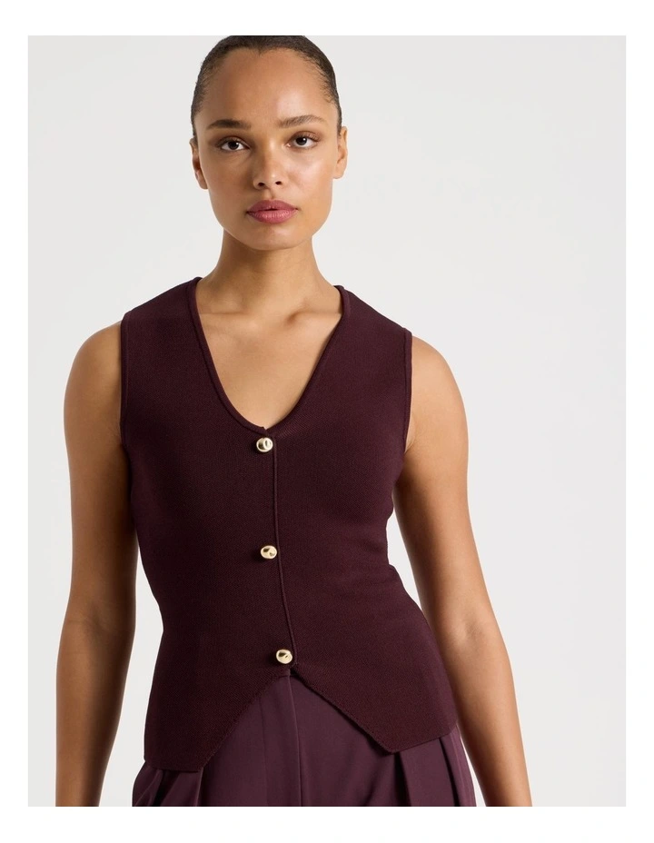 V Neck Knit Vest in Wine image 1