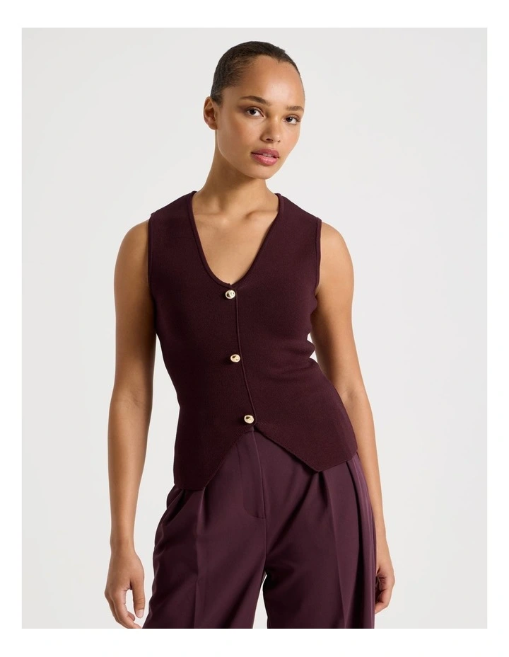 V Neck Knit Vest in Wine image 3