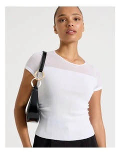 Sheer Detail Short Sleeve Knit Top in White