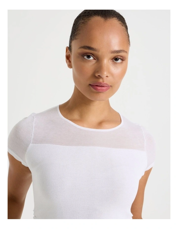Sheer Detail Short Sleeve Knit Top in White image 4