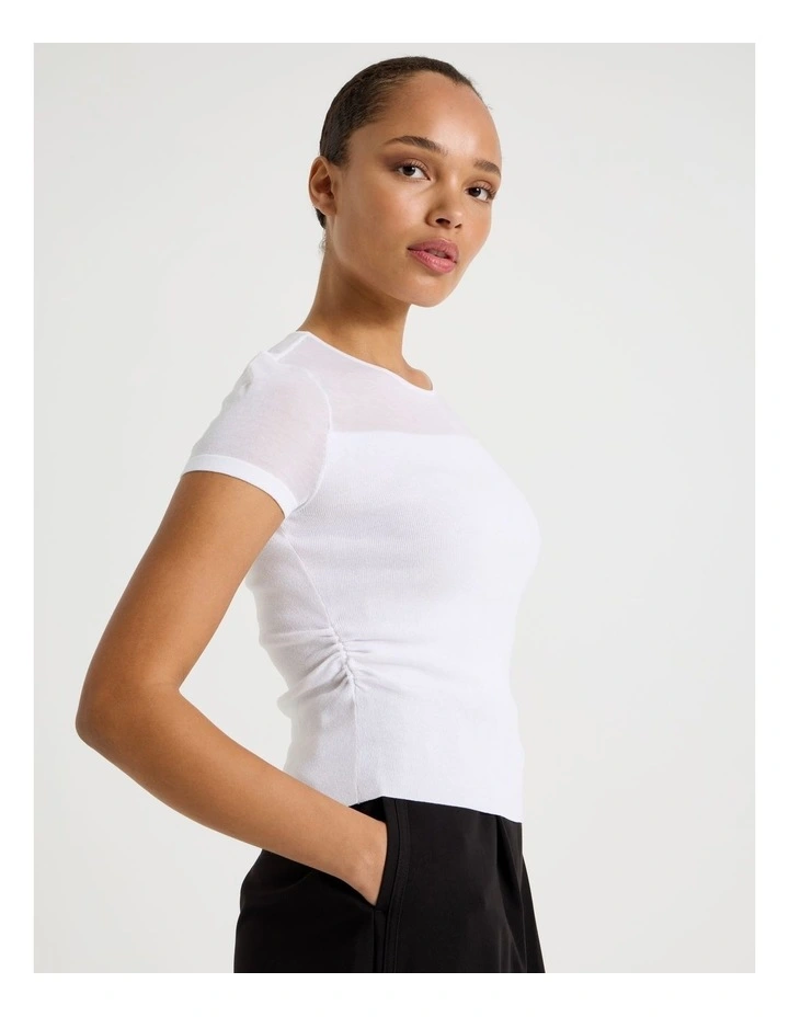 Sheer Detail Short Sleeve Knit Top in White image 7