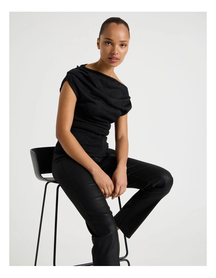 Off Shoulder Glitter Knit Top in Black image 1