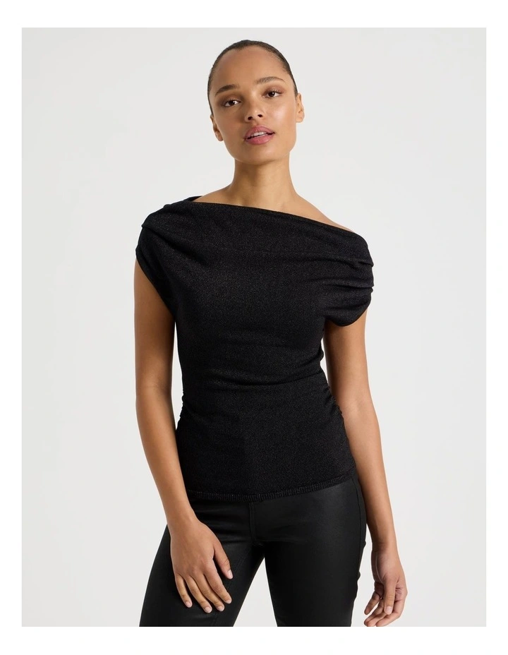 Off Shoulder Glitter Knit Top in Black image 2