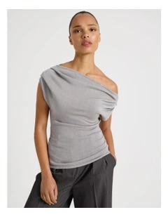 Off Shoulder Glitter Knit Top in Silver Grey