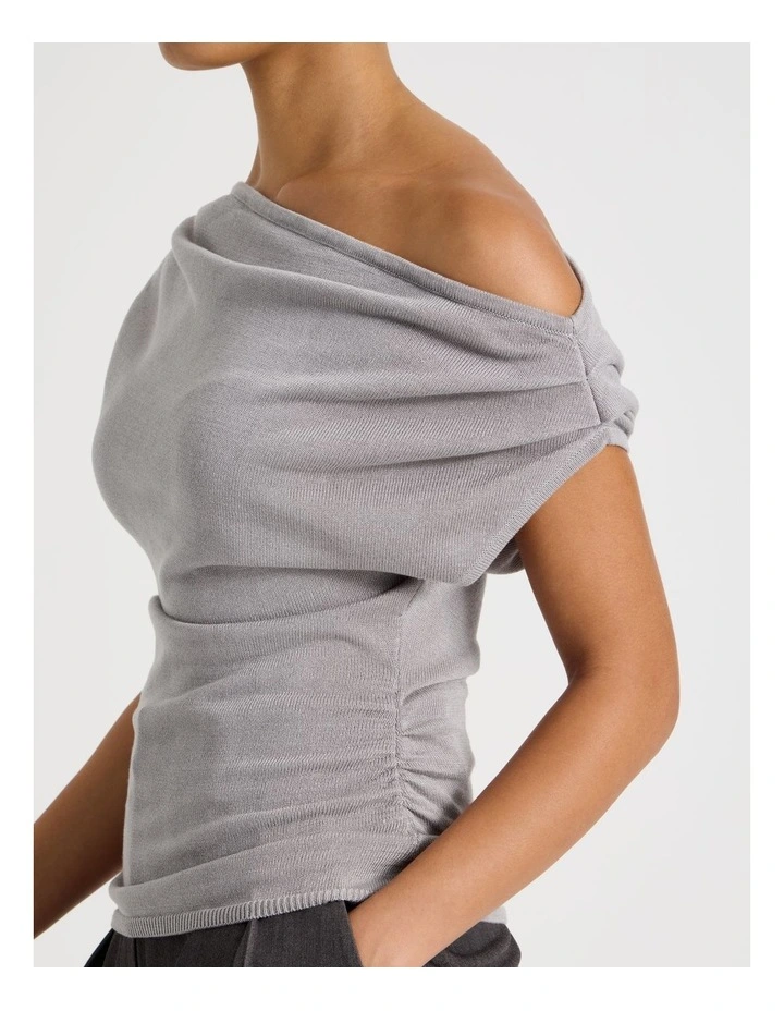 Off Shoulder Glitter Knit Top in Silver Grey image 2