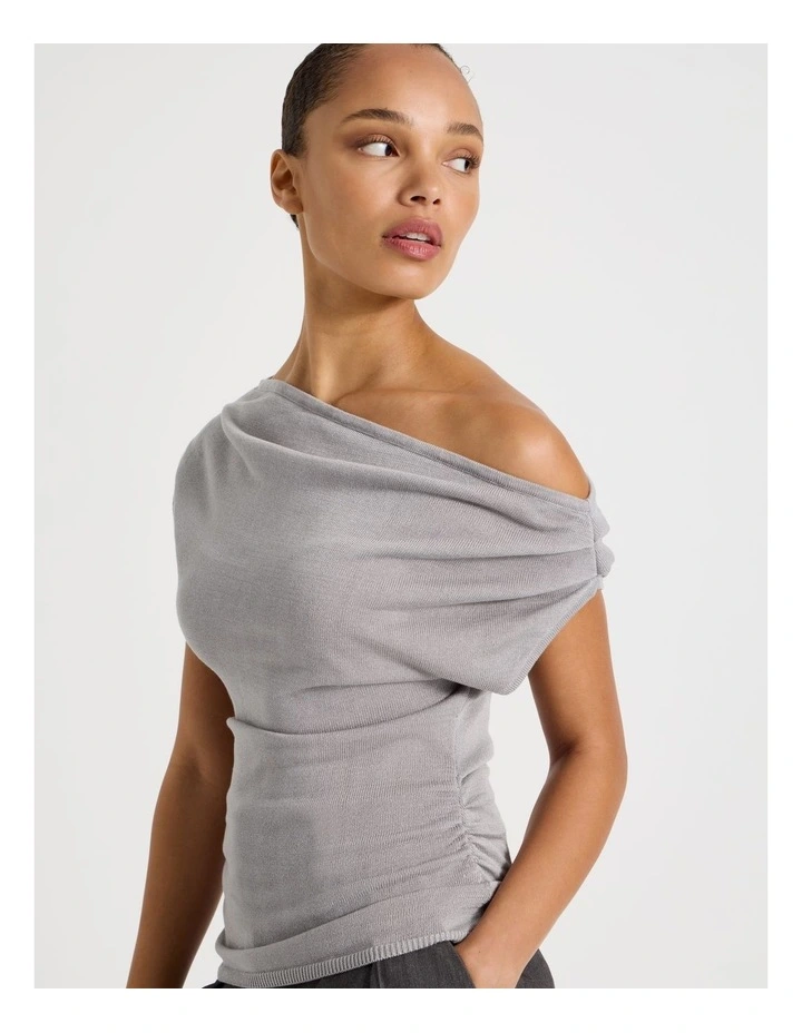 Off Shoulder Glitter Knit Top in Silver Grey image 5