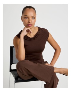 Blaq Draped Jersey Asymmetric Top in Dark Brown