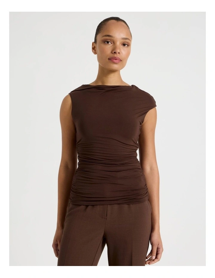 Draped Jersey Asymmetric Top in Dark Brown image 3